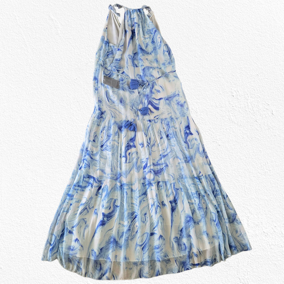 Saylor Blue Marble Print Halter Maxi Dress Sleeveless Tassel Belt Size Small - Picture 10 of 10